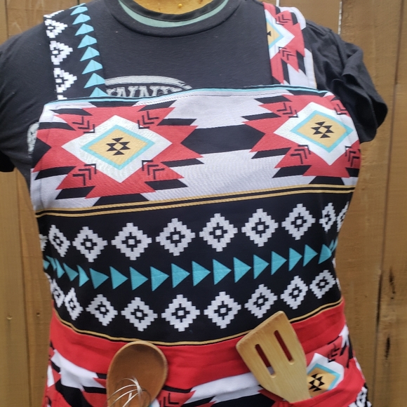 Red Aztec Print Kitchen Handmade Apron with Ruffles - Picture 3 of 6